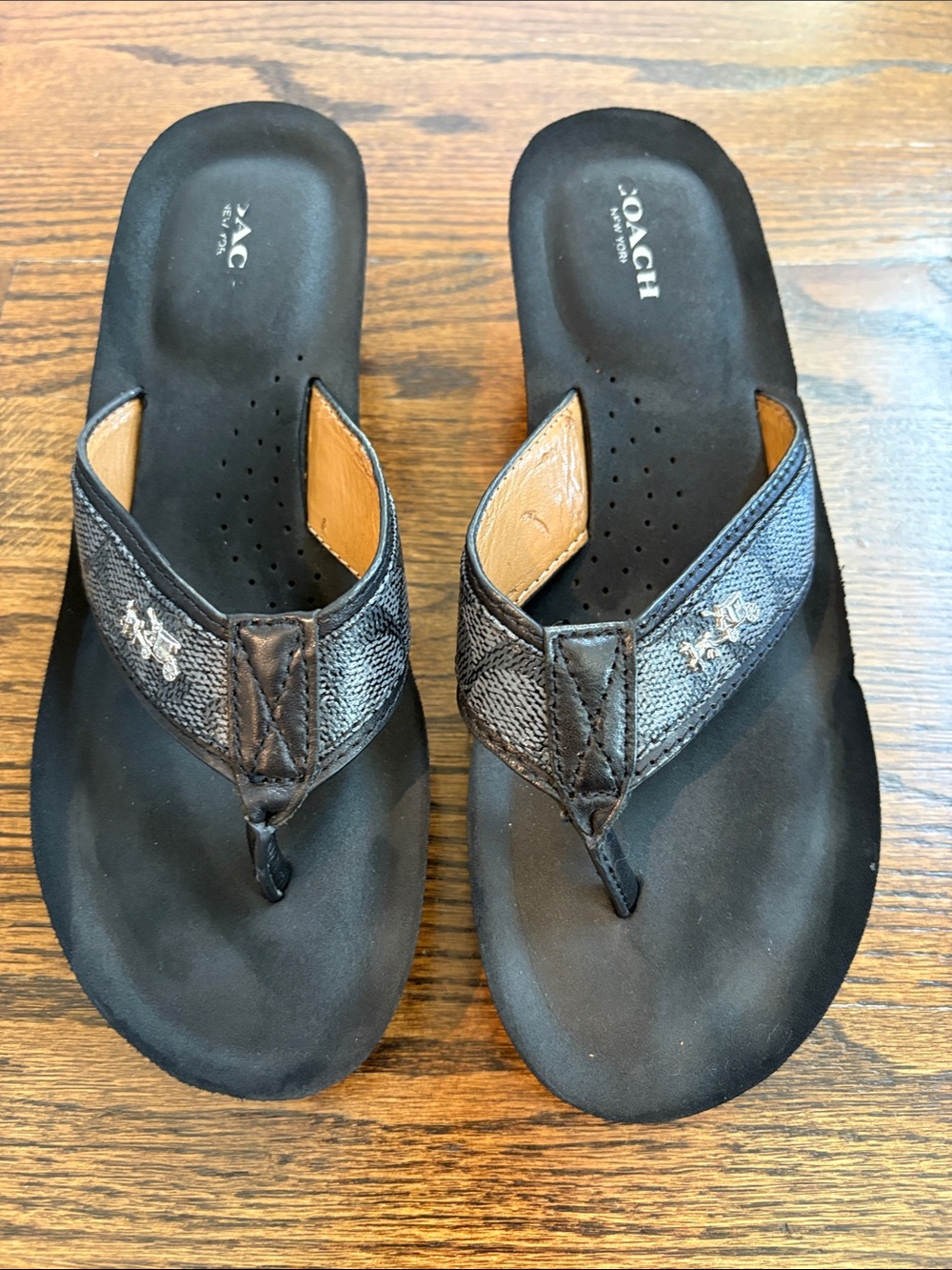 Coach, ‘Jolene’ Black and Gray Signature Thong Wedge Sandals!